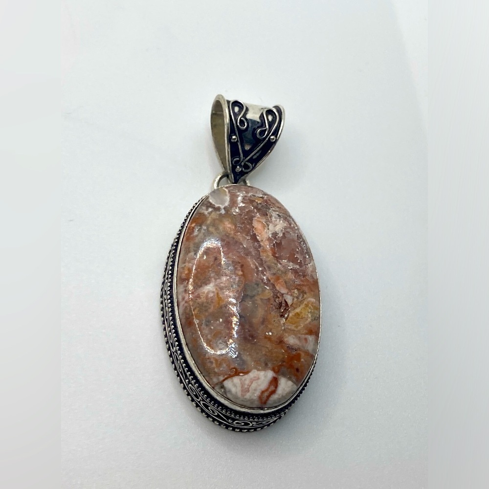 Vtg Rhodochrosite Huge Large Oval Silver Tone Pendant 2.4”